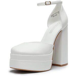 Dream Pairs Women White Faux Leather Closed Toe Chunky High Heels Platform